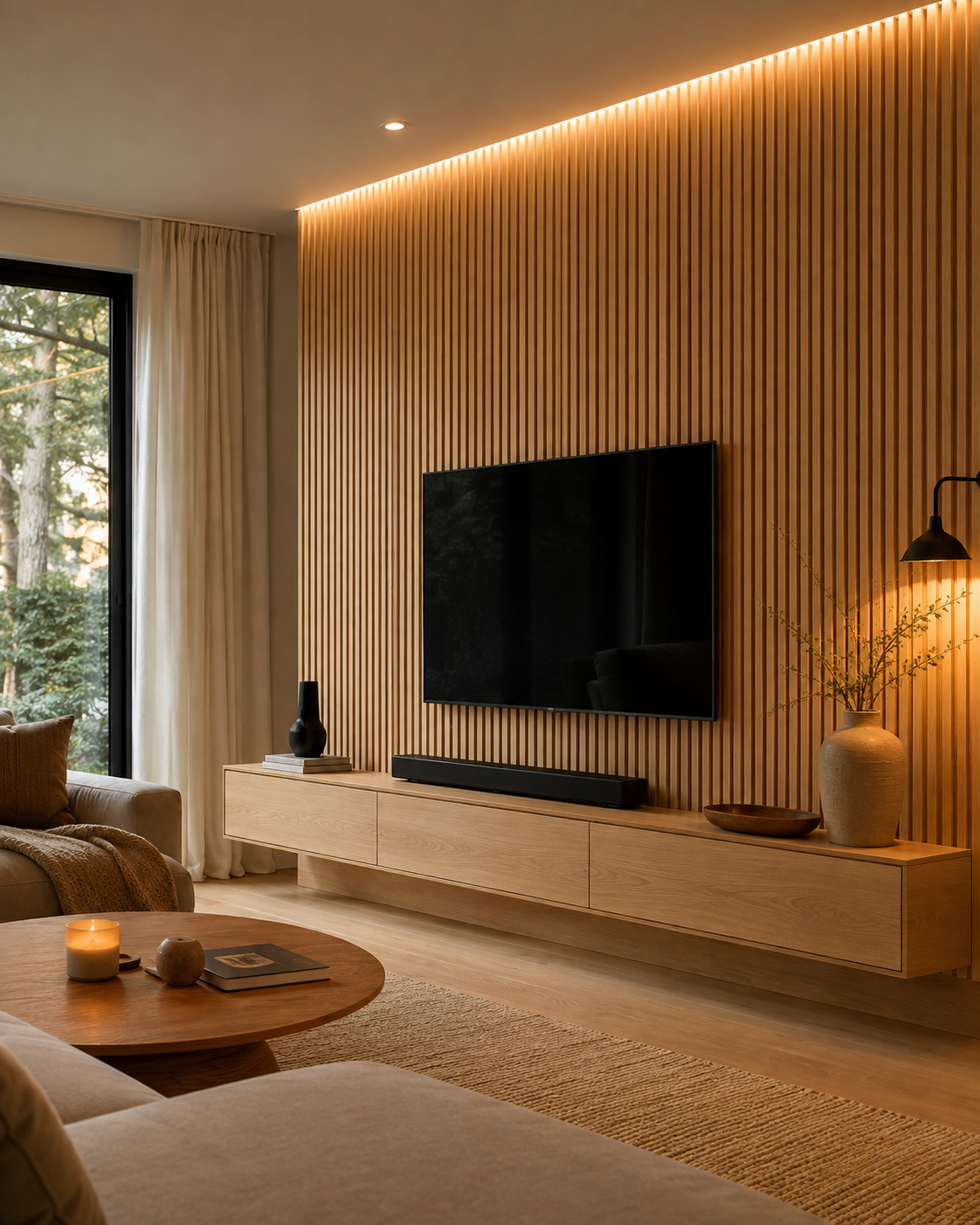 Lattenwand in moderne woonkamer